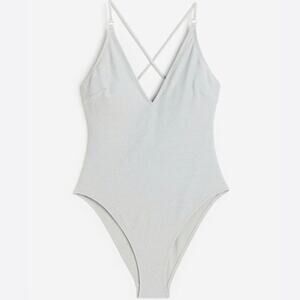 H&M Plunge One Piece Swimsuit Size XL Silver Glitter Maillot Sexy Glam High Cut